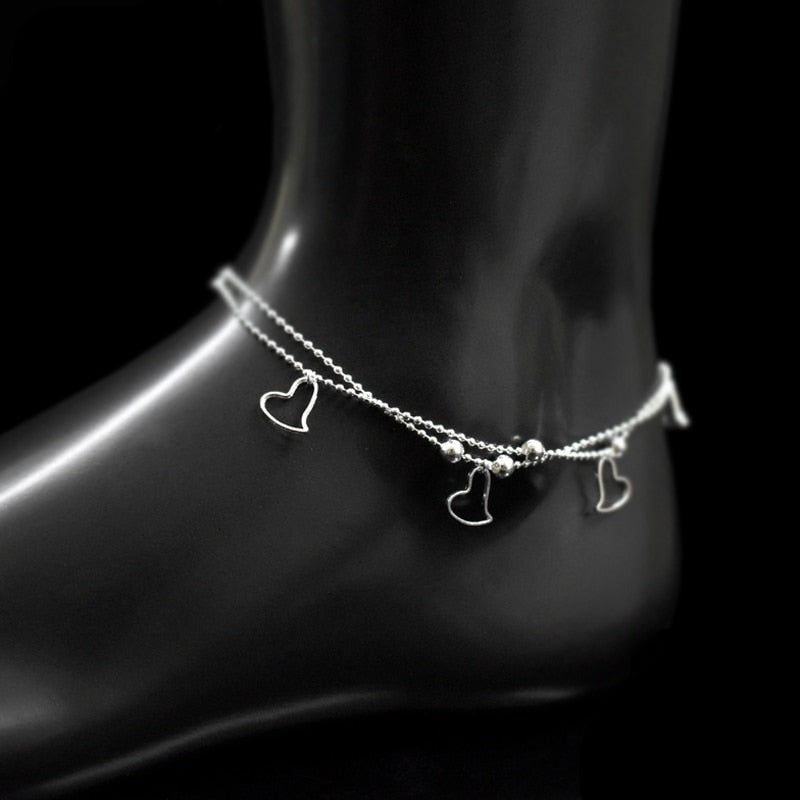 925 Sterling Silver Double Layer Heart / star Pendant Anklets Women Jewelry