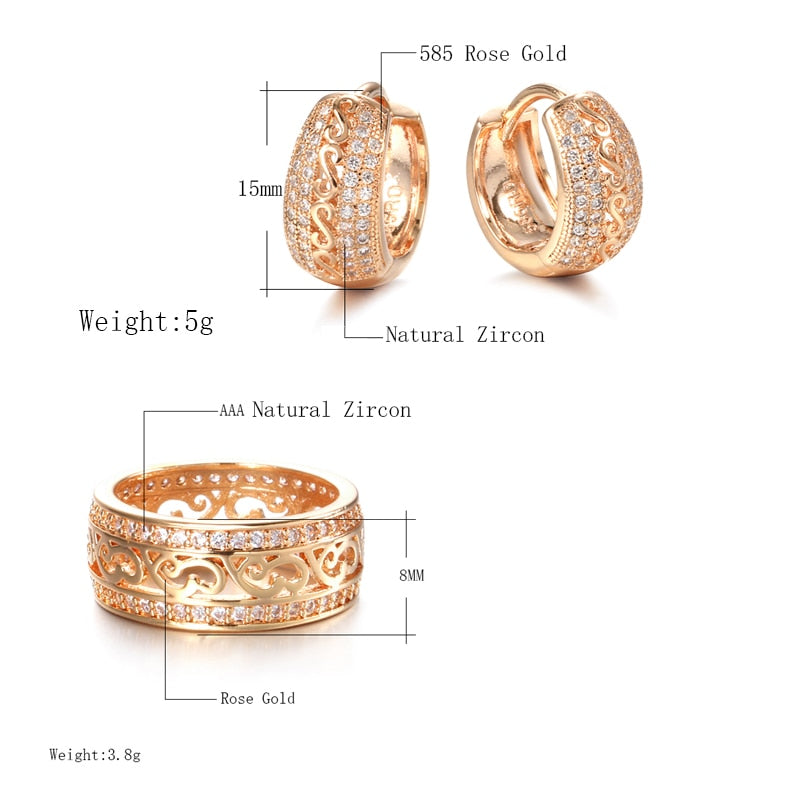 Fashion 585 Rose Gold Color Jewelry Set Hollow Pattern Double Row Sparking Natural