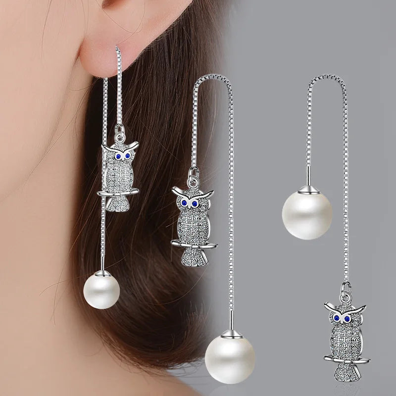 Solid 925 Sterling Silver Jewelry Cute Owl Elegant Zircon Pearl Drop Earrings For Woman