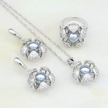 Charger l&#39;image dans la galerie, Flower White Cubic Zirconia Round Pearl Jewelry Set For Women
