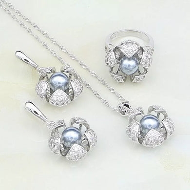 Flower White Cubic Zirconia Round Pearl Jewelry Set For Women