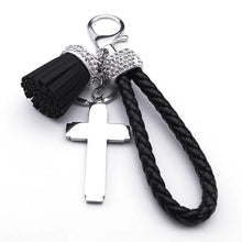 Load image into Gallery viewer, Cross Stainless Steel Pendant Key Chain Crystal Black PU Leather Keyring Jewelry
