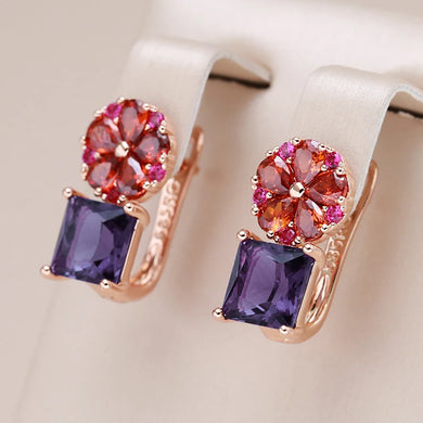Square Purple Natural Zircon Drop Earrings For Women Flower Jewelry