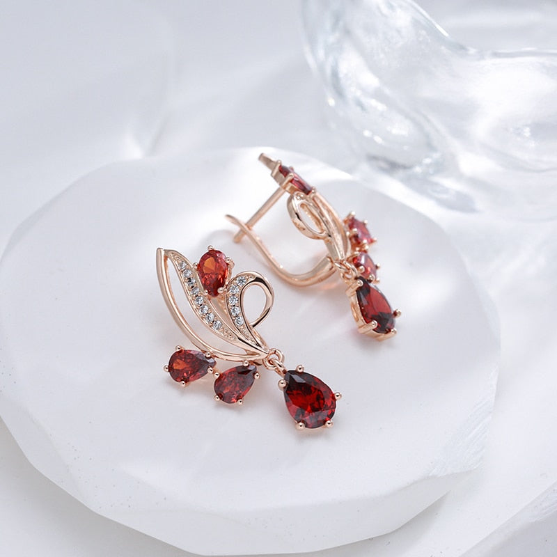 Red Flower Natural Zircon Long Dangle Earrings For Women Fine Jewelry