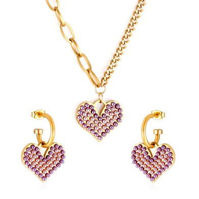 Stainless Steel Heart Love Purple Mixed White Pearls Pendant woman jewelry sets
