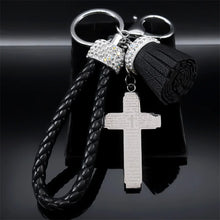Load image into Gallery viewer, Cross Stainless Steel Pendant Key Chain Crystal Black PU Leather Keyring Jewelry
