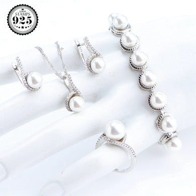 Wedding tear Pearls Silver Round White Jewelry Sets For Women