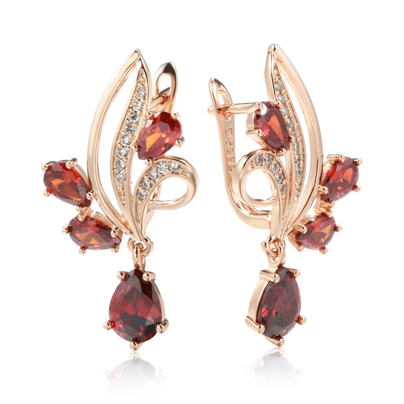 Red Flower Natural Zircon Long Dangle Earrings For Women Fine Jewelry