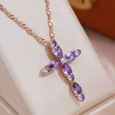 Full Geometric Purple Zircon Cross Pendant Gold Necklace for Women Jewelry