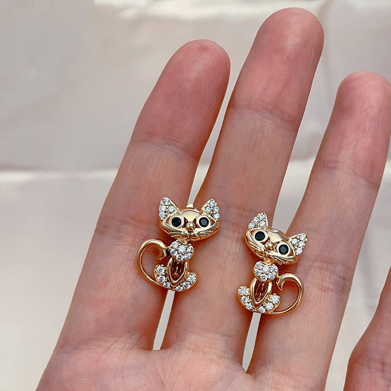 585 Rose Gold Cute Cat Earrings for Women Jewelry