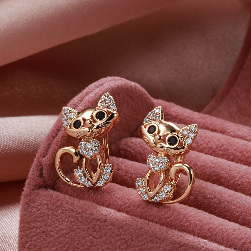 585 Rose Gold Cute Cat Earrings for Women Jewelry