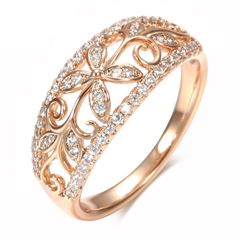 585 Rose Gold Hollow Crystal Flower Rings Jewelry
