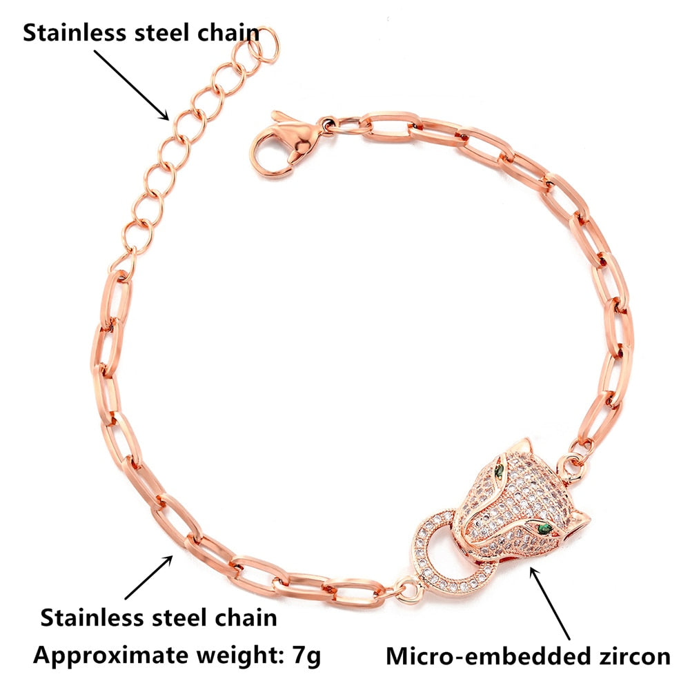 Leopard Head Zircon Stainless Steel Bracelet for Women