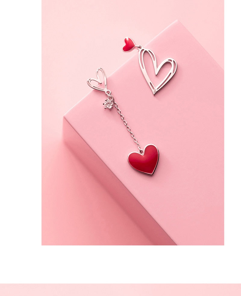 925 Sterling Silver Fashion Romantic Asymmetric Heart Stud Earrings For Women Jewelry