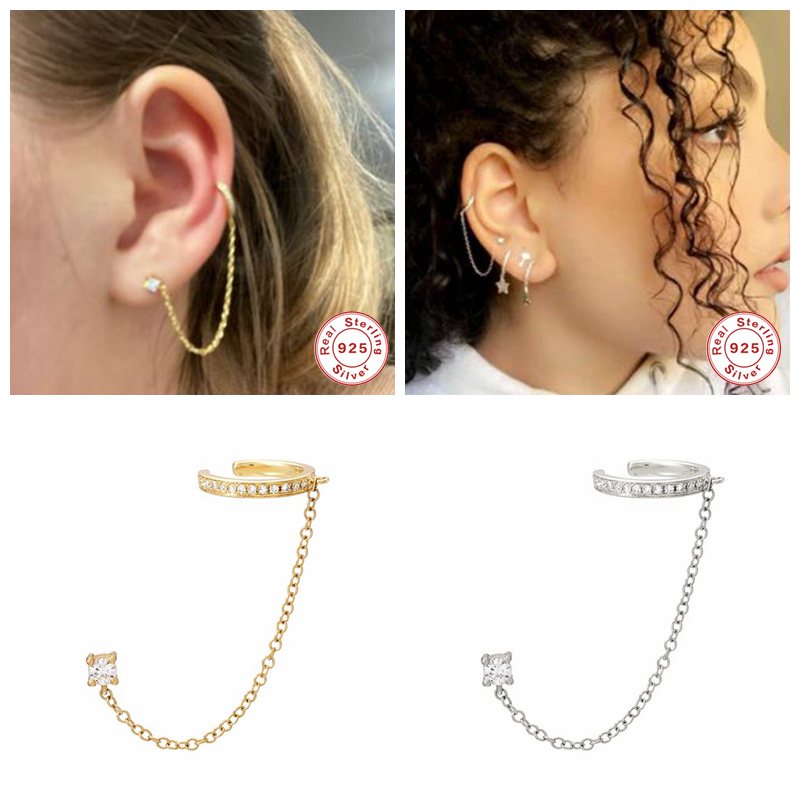 1pcs S925 Silver Hiphop Gothic Punk Handcuff Chain Earrings for Women