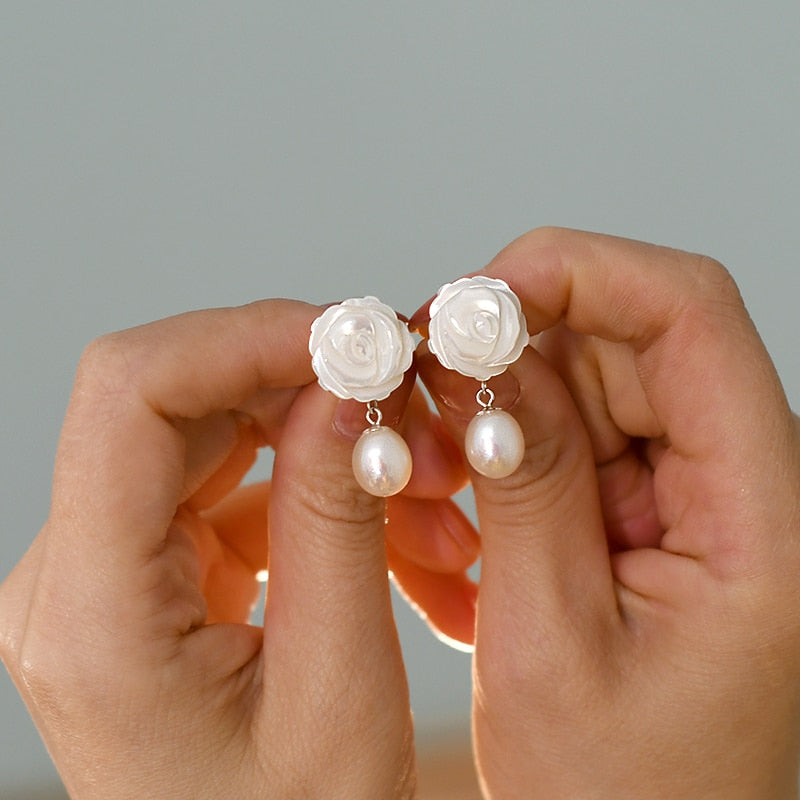 Natural freshwater pearl Shell Flower drop Earrings Handmade Jewelry