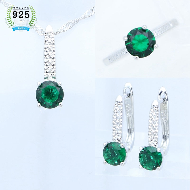 925 Silver Jewelry Set Natural Round Emerald for Woman