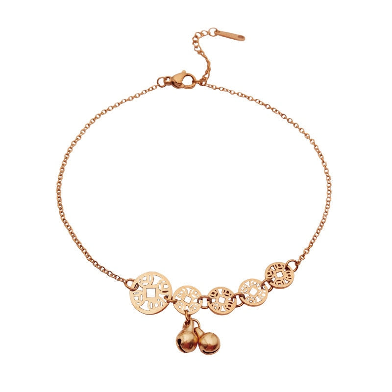 Classic Coin Bell Pendant Gold Anklet For Woman