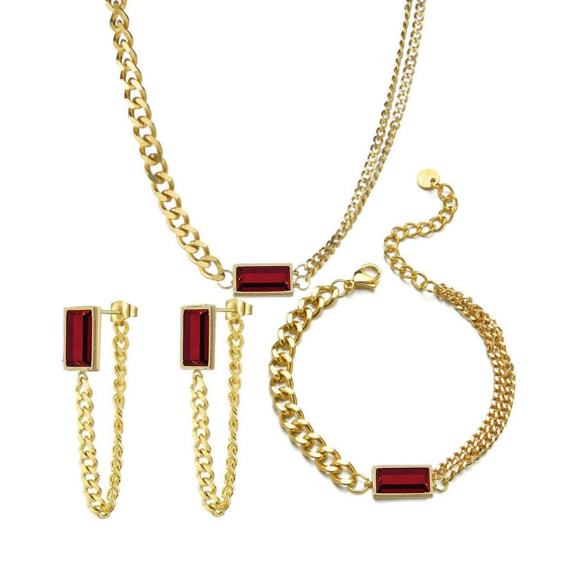 Stainless Steel Gold Baguette Stone Set Jewelry For Women