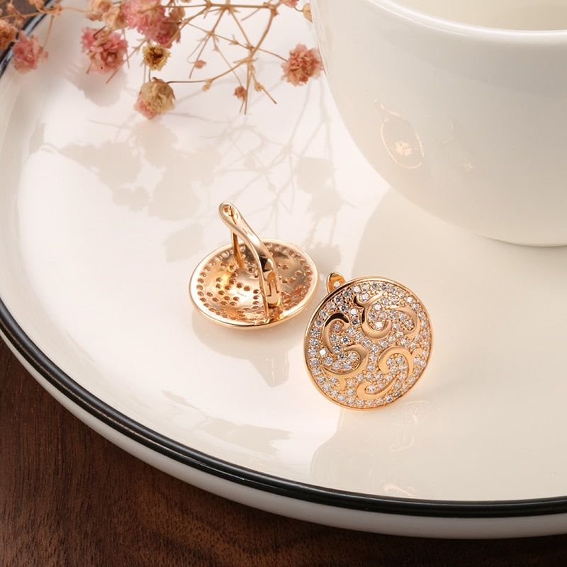 Natural Zircon 585 Rose Gold Crystal Round Big Earrings For Women Jewelry