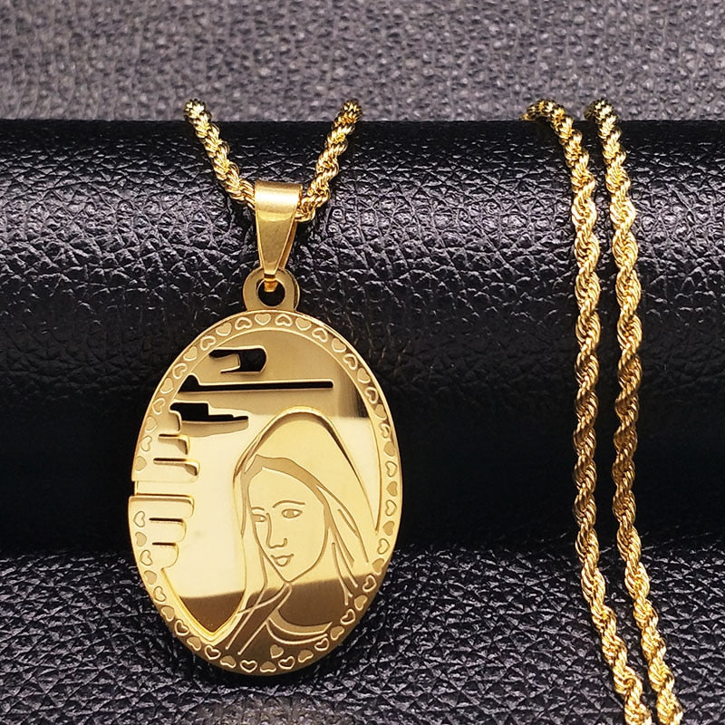 The Virgin Mary Oval face Stainless Steel Long Necklace