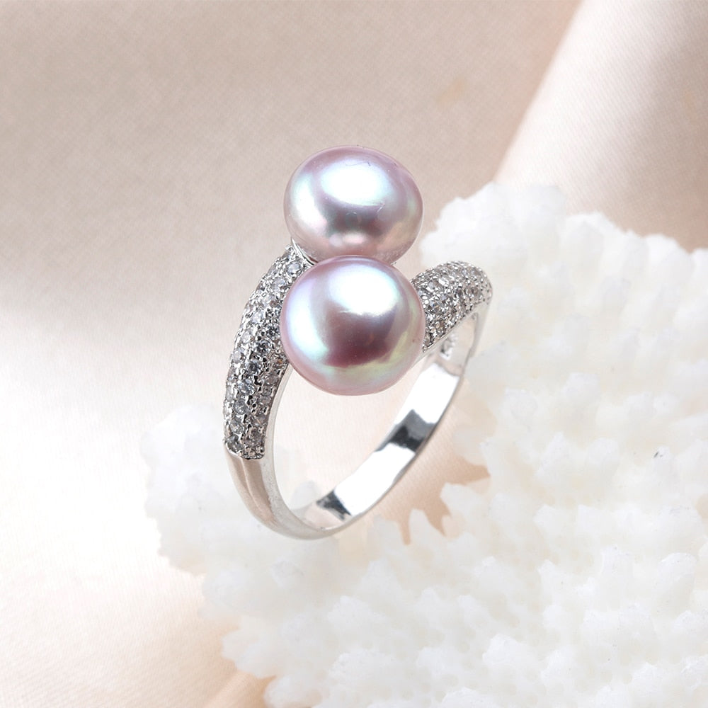 Double Pearl Adjustable Natural Freshwater 925 Sterling Silver Women Ring Jewelry