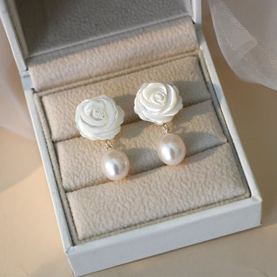 Natural freshwater pearl Shell Flower drop Earrings Handmade Jewelry