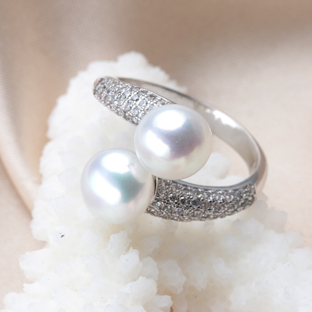 Double Pearl Adjustable Natural Freshwater 925 Sterling Silver Women Ring Jewelry