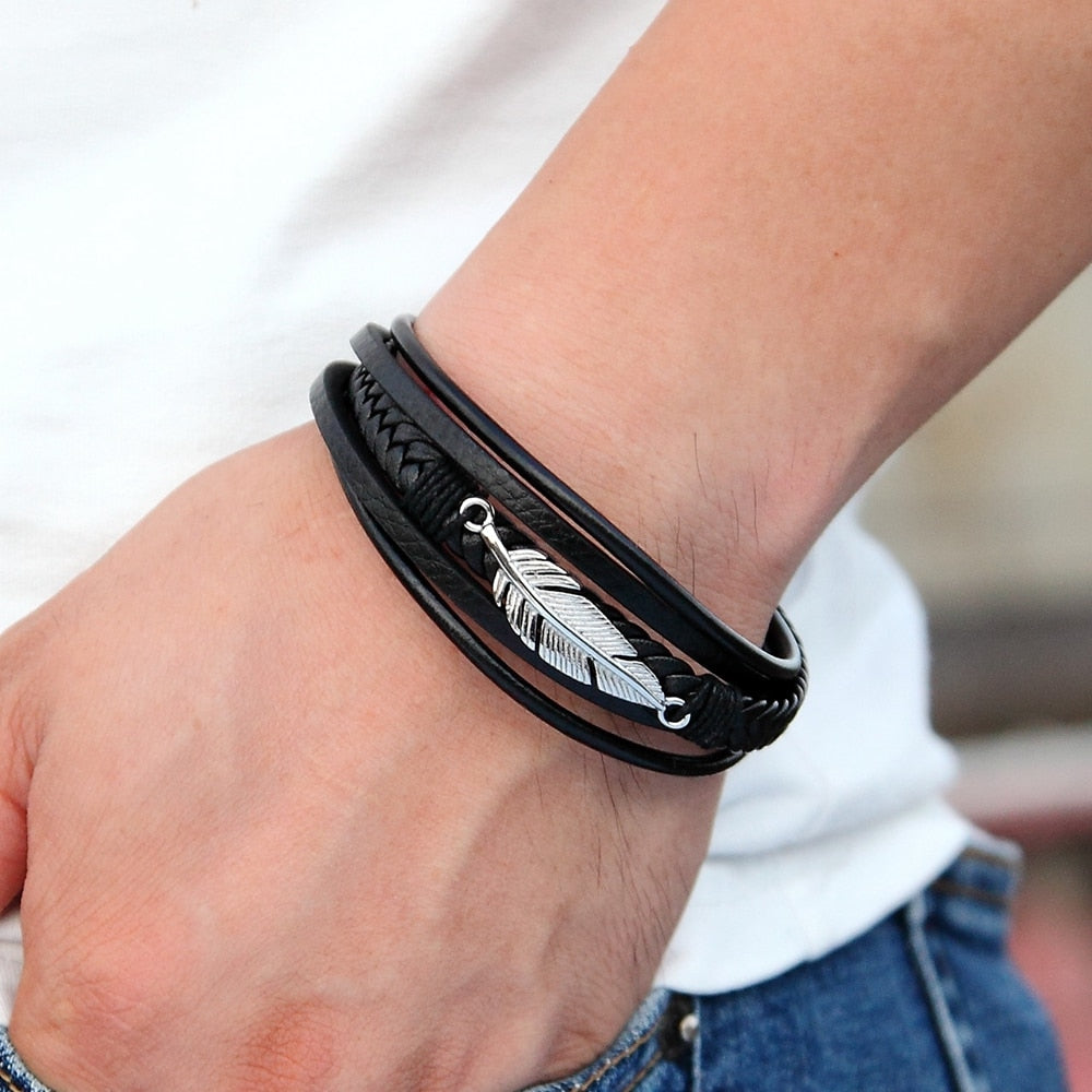 Multi-layer Leather Feather Shape Accessories Men Bracelet