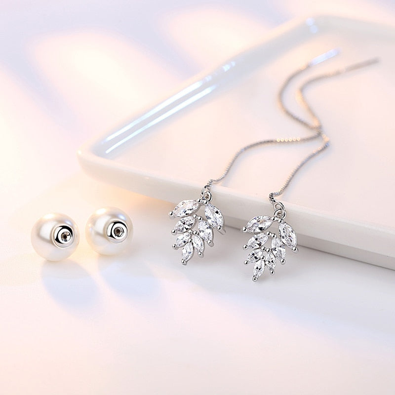 Silver S925 Stamp Elegant Zircon Leaf Pearl Drop Earrings For Women Luxury Jewelry