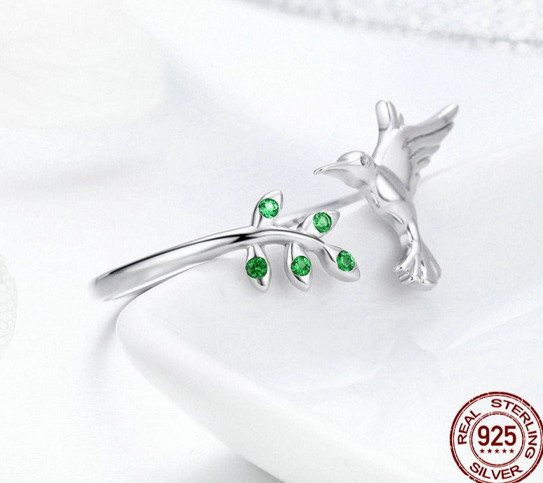 925 Sterling Silver Hummingbird Leaves Ring For Women Jewelry