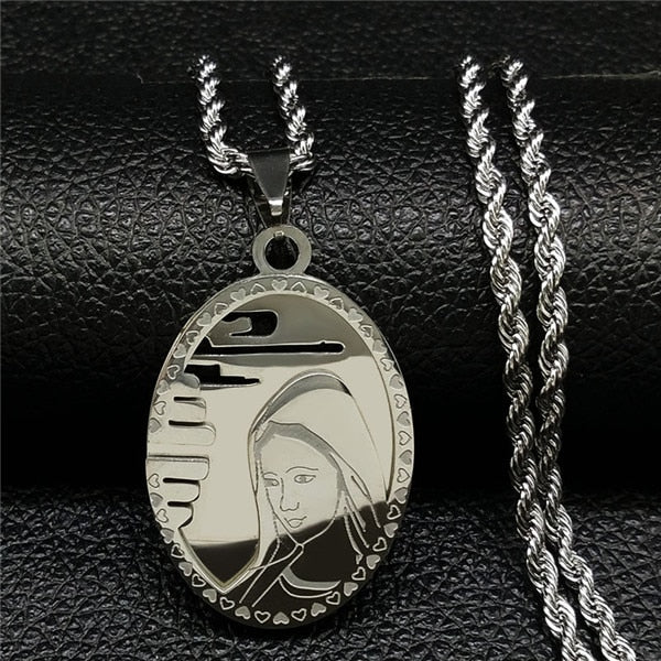 The Virgin Mary Oval face Stainless Steel Long Necklace
