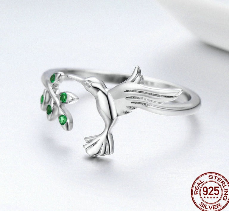 925 Sterling Silver Hummingbird Leaves Ring For Women Jewelry