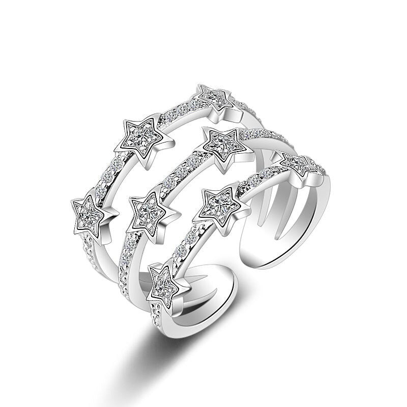 925 Sterling Silver Multi-Layer CZ Zirconia Star Rings Adjustable For Women