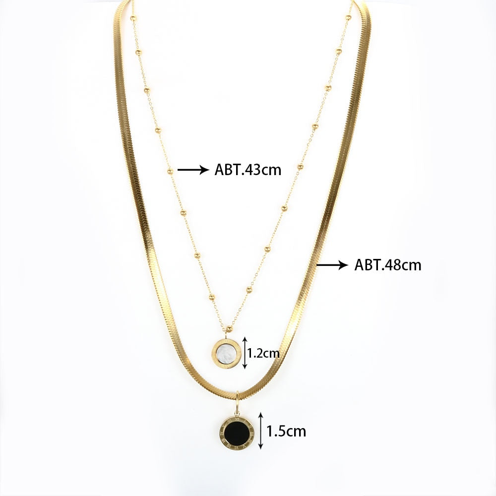 Women Layered Chains With Black White Shell Roman Numerals Necklace