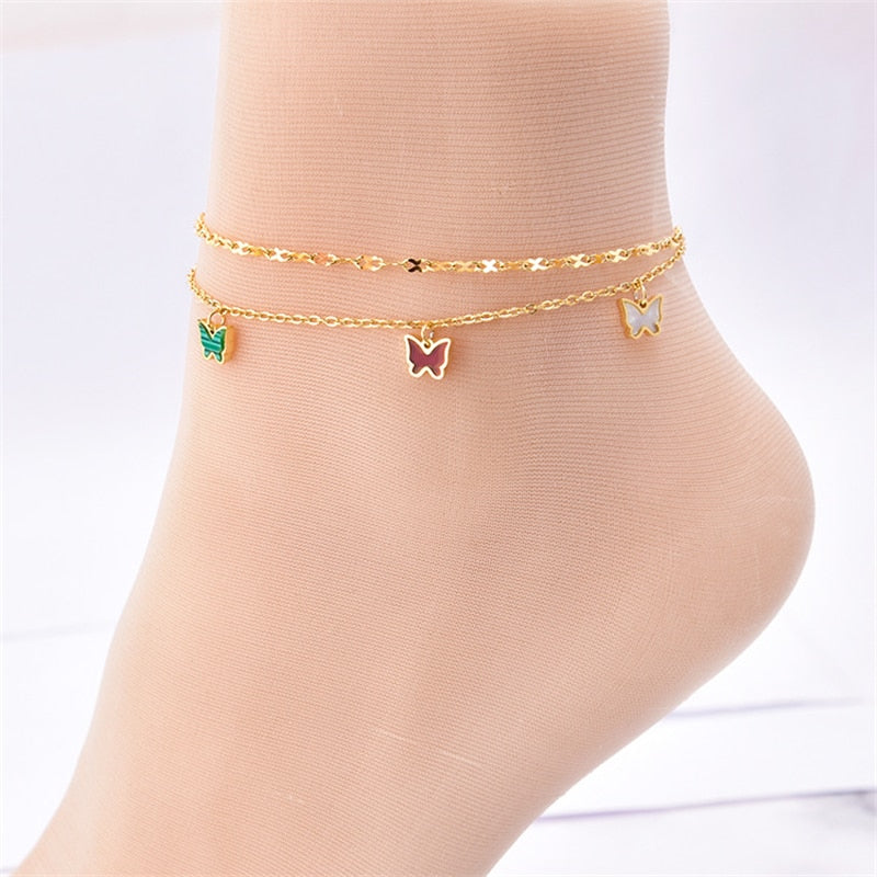 New 2 Layer Natural Shells Butterflies Charm Chain Anklets