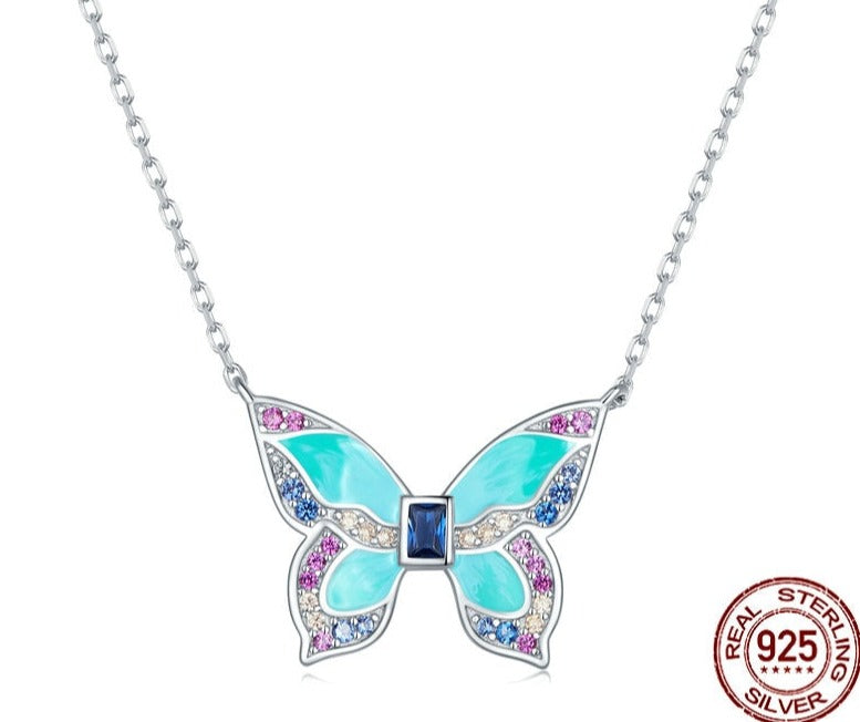 925 Sterling Silver Colorful Butterfly Pendant Necklace for Women Fine Jewelry