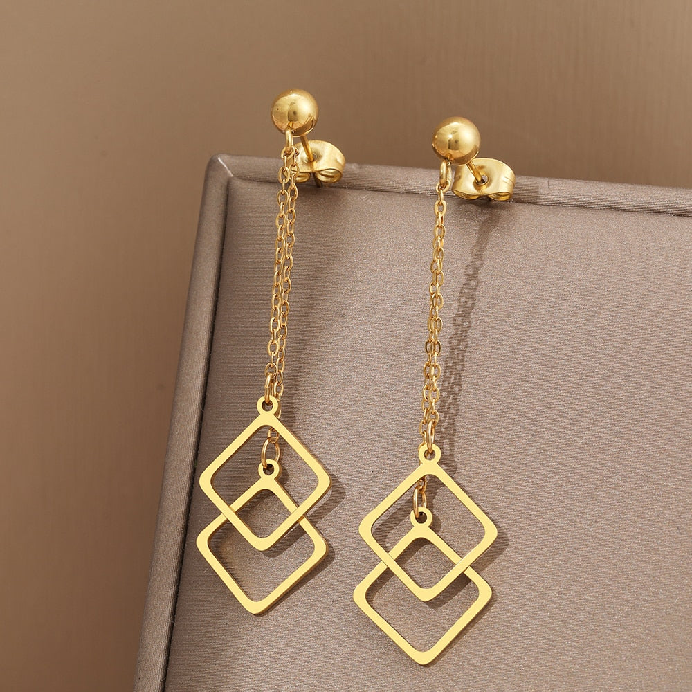 Geometric Square Overlay Charms Bell Pendants Earrings GOLD