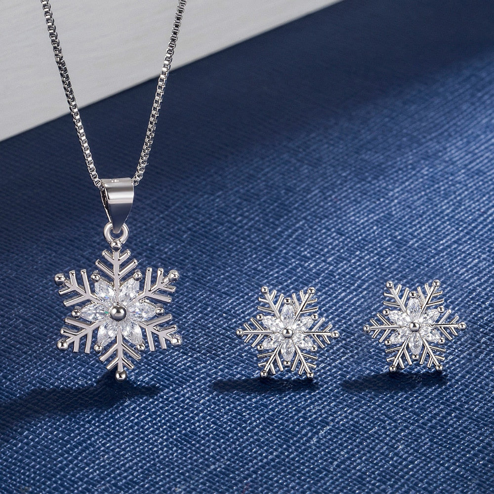 925 Sterling Silver Crystal Snowflake sets Women Jewelry