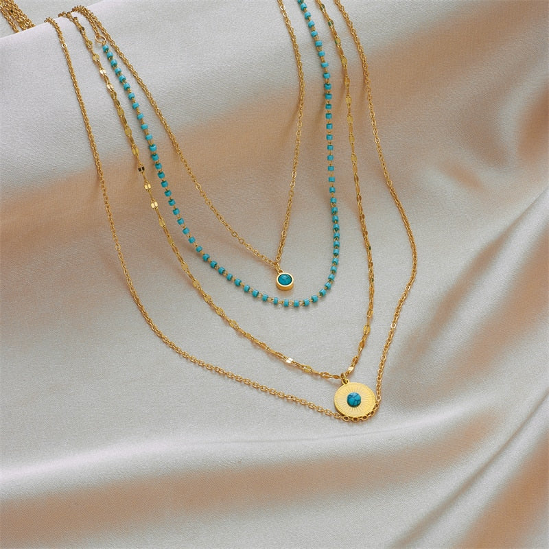 Multilayer Green Stone Round Pendant Necklaces