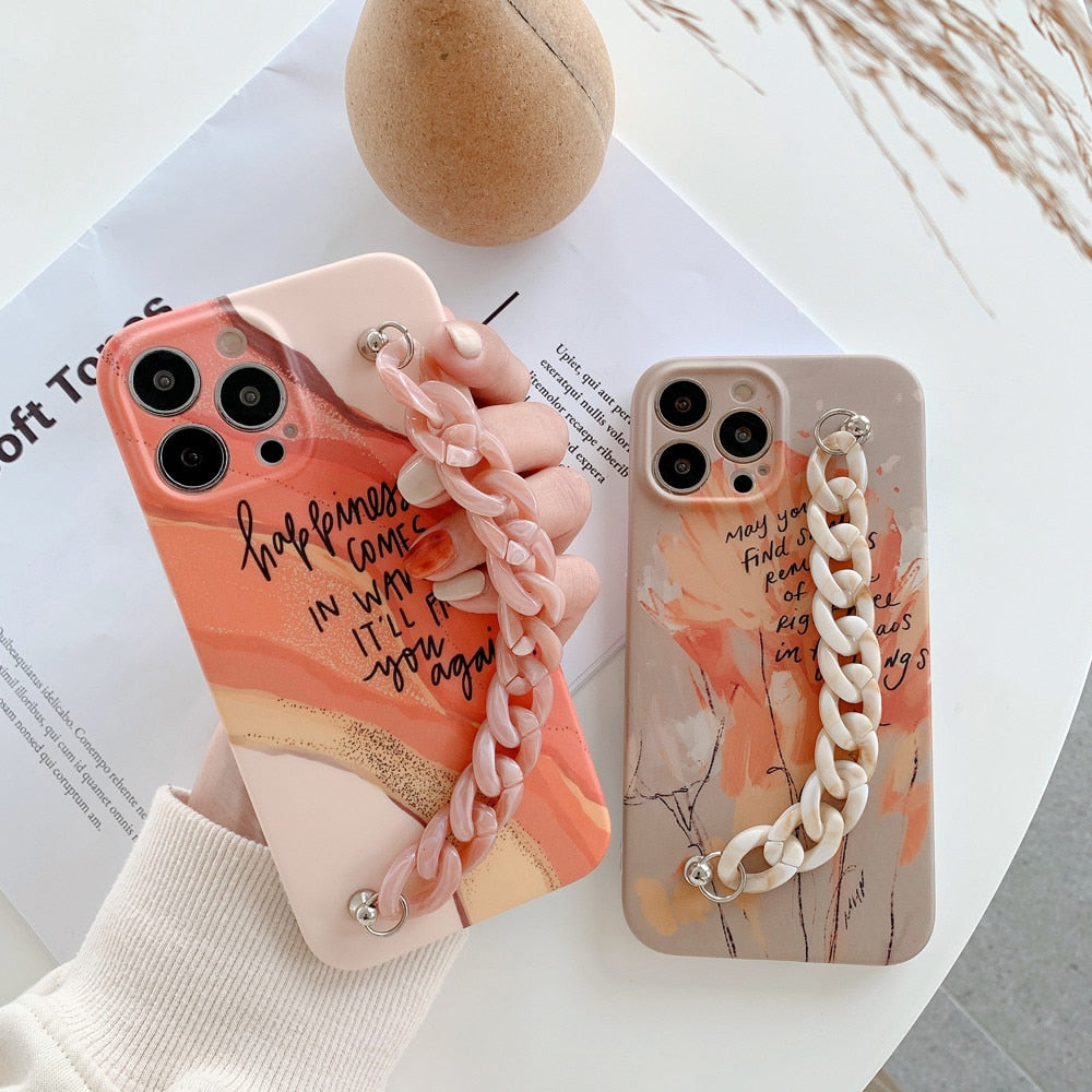 Luxury Marble Bracelet Wrist Chain Case For iPhone 14 13 12 Pro Max 11 Pro Soft Silicon Cover