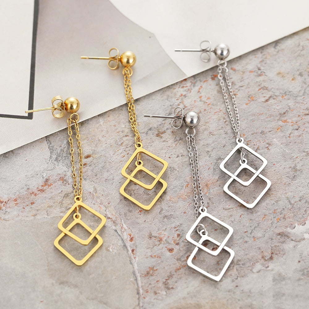 Geometric Square Overlay Charms Bell Pendants Earrings