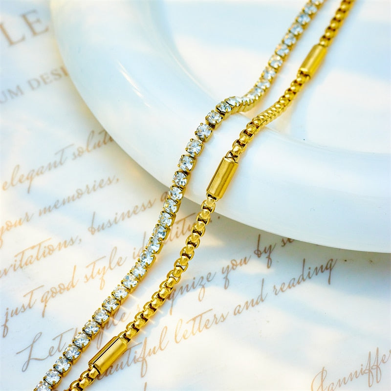 316L Stainless Steel White Zircon 2in1 Chains Bracelet For Women Jewelry
