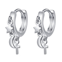 Cargar imagen en el visor de la galería, 925 Silver Moon Star Cross Hoop Earrings For Women
