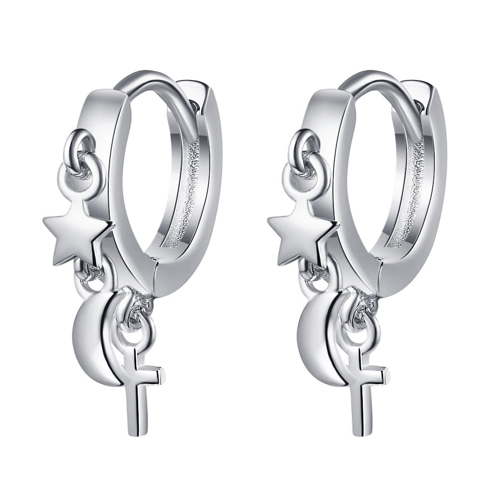 925 Silver Moon Star Cross Hoop Earrings For Women