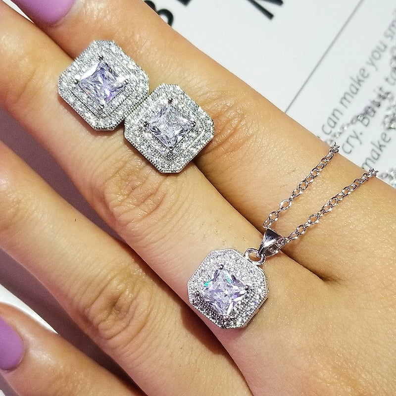 Princess Cut Zircon Silver Dubai Jewelry Set