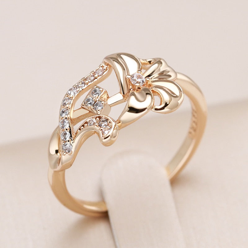 585 Rose Gold Color Crystal Flower Ring For Women Jewelry