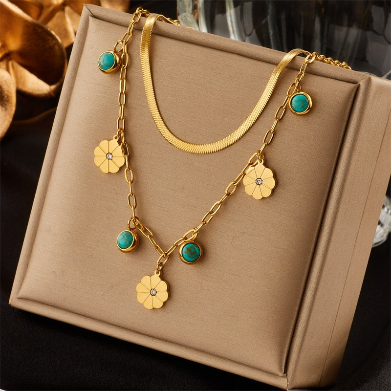 Layer Green Stone Flower Pendant Necklace For Women