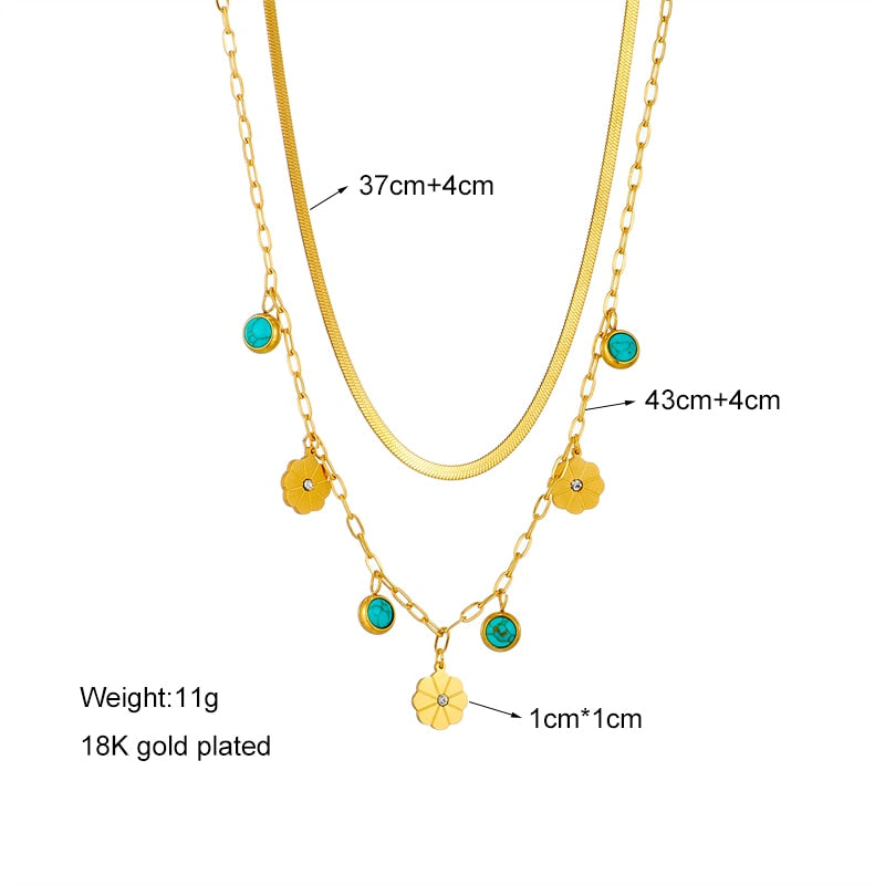 Layer Green Stone Flower Pendant Necklace For Women