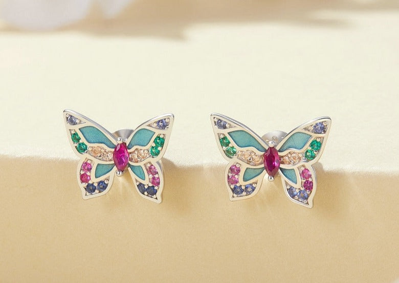 925 Sterling Silver Colorful Zircon Butterfly Stud Earrings for Women Fine Jewelry